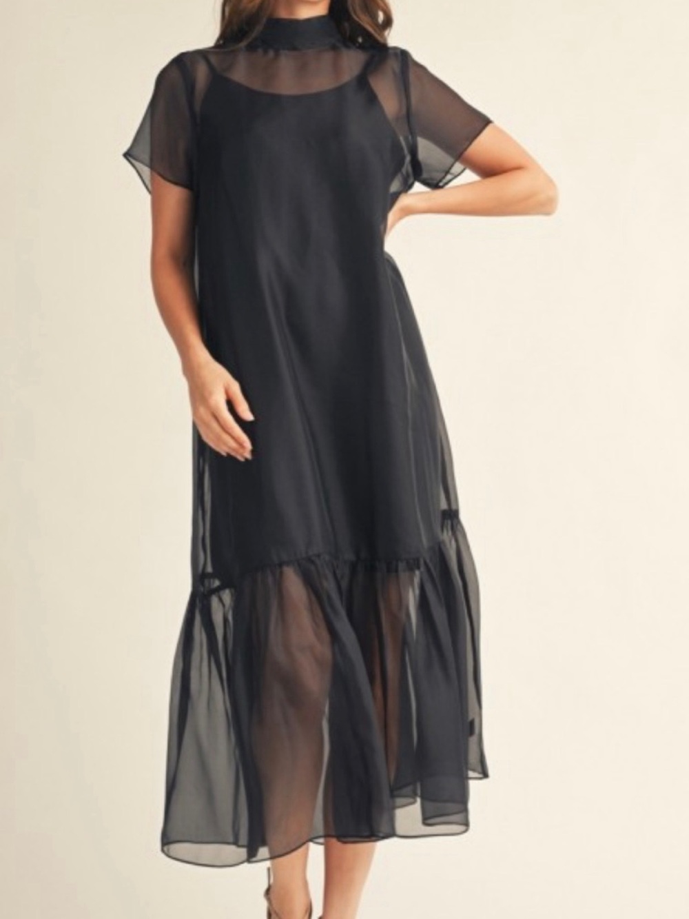 JODIFL Black Sheer Maxi Dress with Ruffle Hem